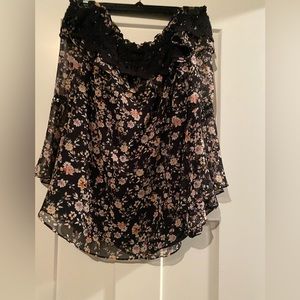 White House Black Market off the shoulder blouse. Black/pink floral detailing!